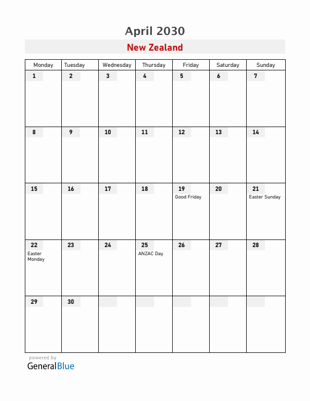 New Zealand April 2030 Calendar with Holidays