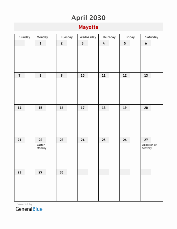 Mayotte April 2030 Calendar with Holidays