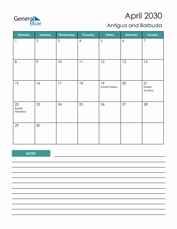 Calendar with Notes Printable - Monday Start