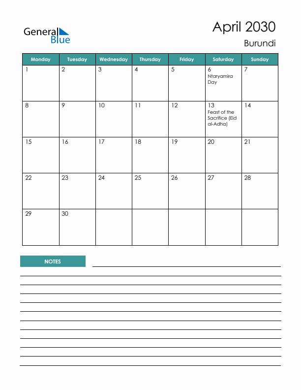 Calendar with Notes Printable - Monday Start