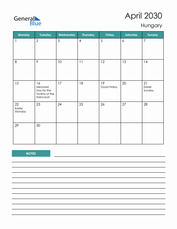 Calendar with Notes Printable - Monday Start