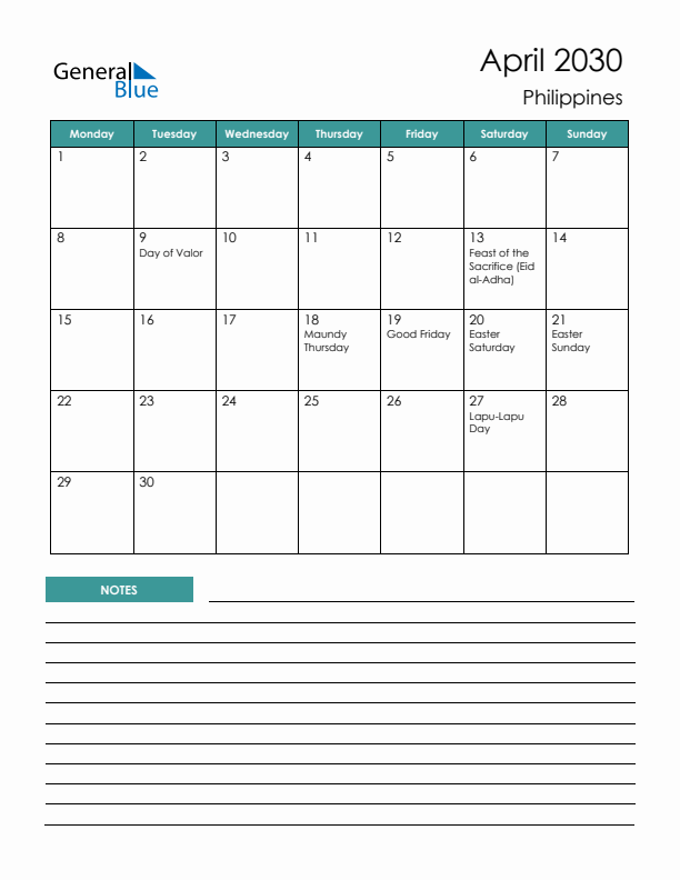 Calendar with Notes Printable - Monday Start