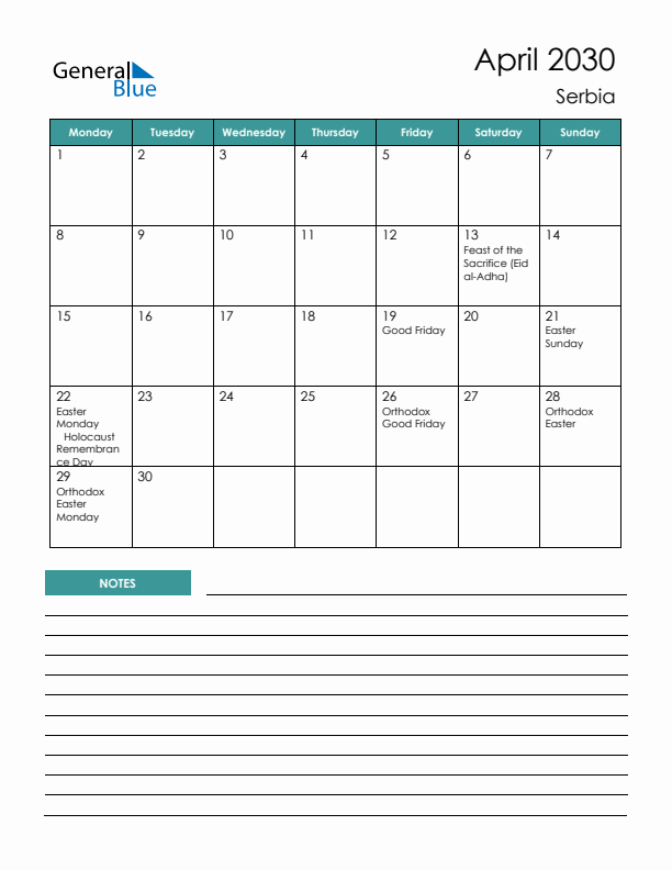 Calendar with Notes Printable - Monday Start