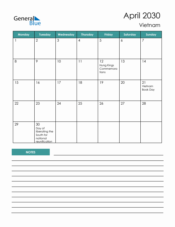 Calendar with Notes Printable - Monday Start