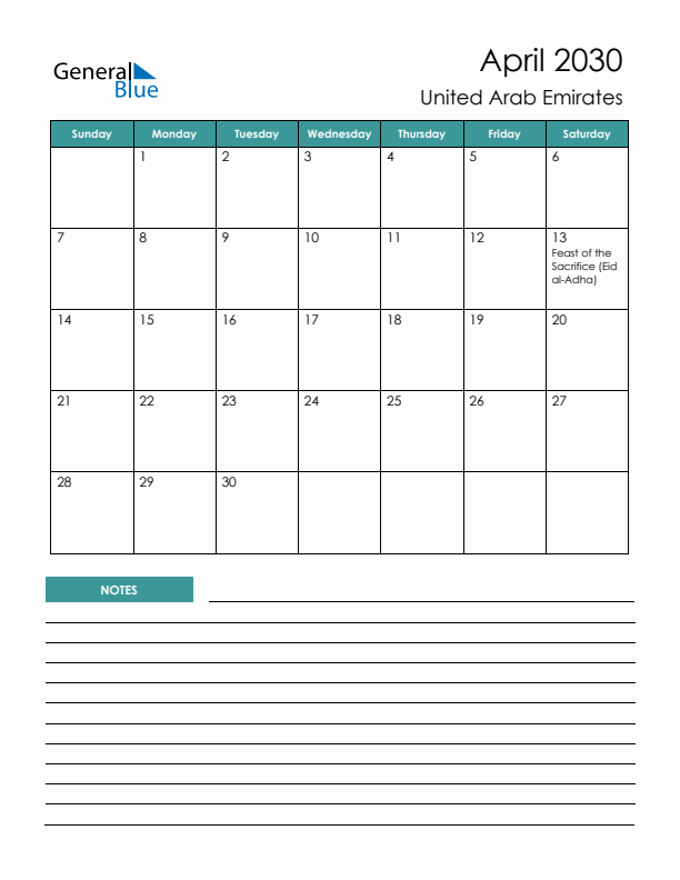 Calendar with Notes Printable - Sunday Start