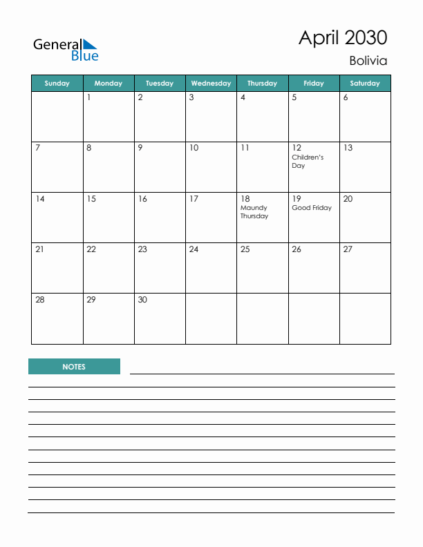 Calendar with Notes Printable - Sunday Start