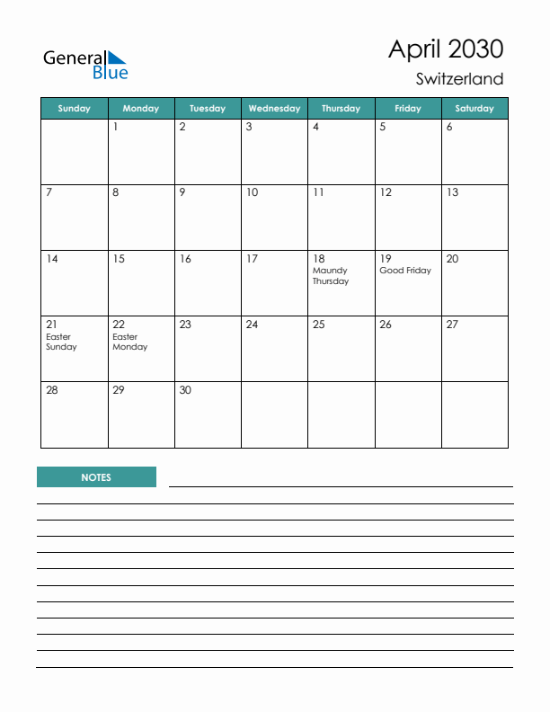 Calendar with Notes Printable - Sunday Start