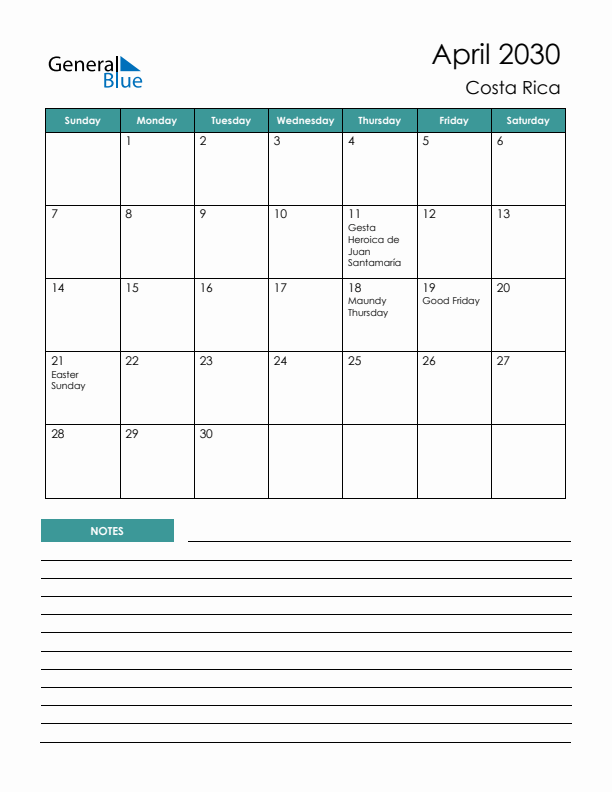 Calendar with Notes Printable - Sunday Start