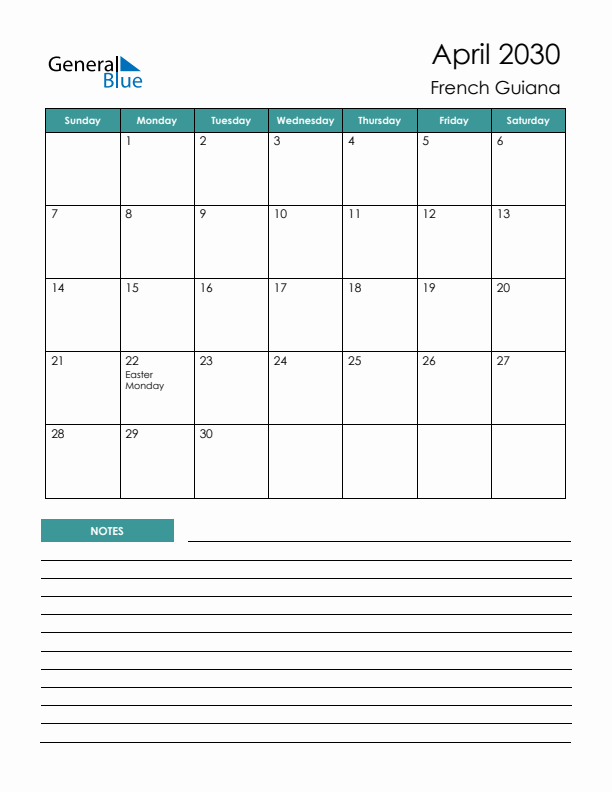 Calendar with Notes Printable - Sunday Start