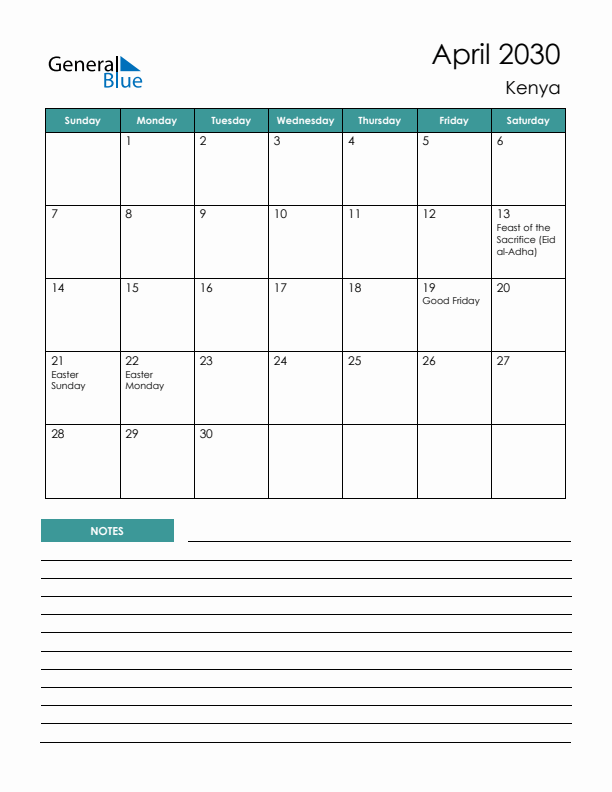 Calendar with Notes Printable - Sunday Start