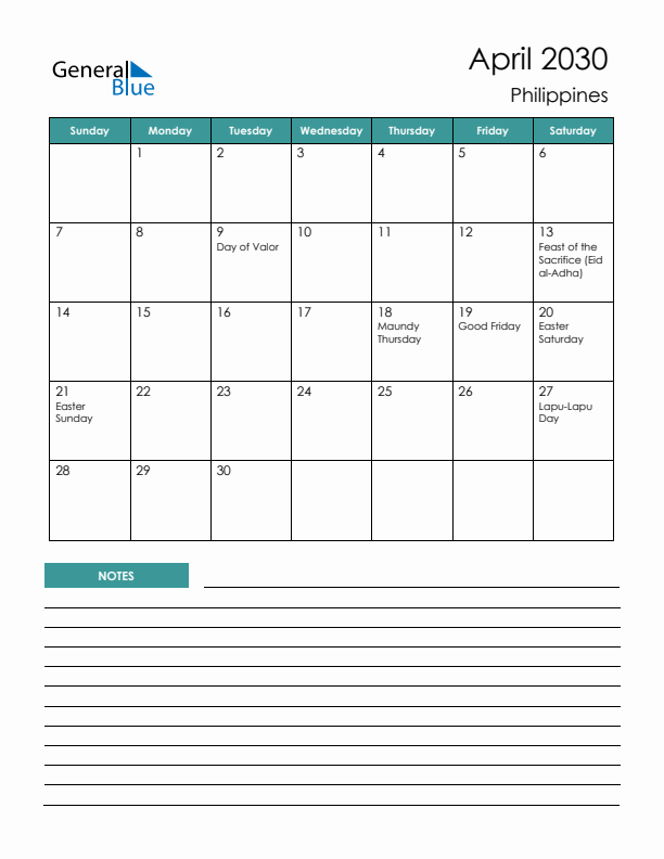 Calendar with Notes Printable - Sunday Start