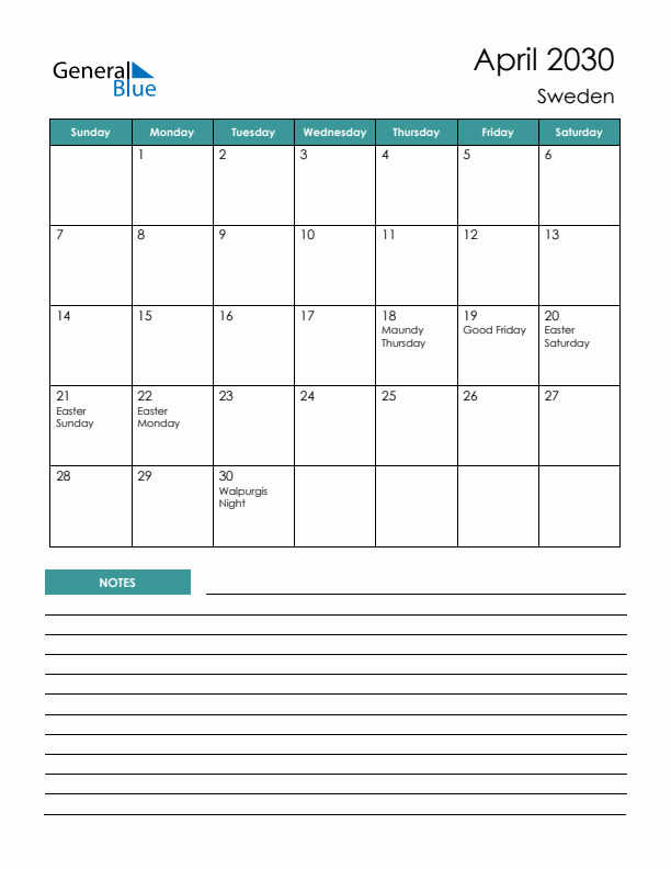 Calendar with Notes Printable - Sunday Start