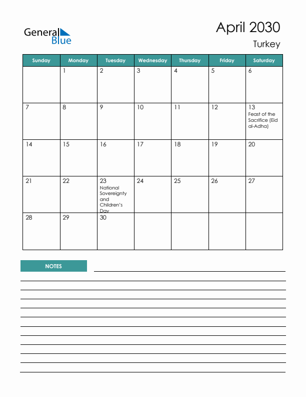 Calendar with Notes Printable - Sunday Start