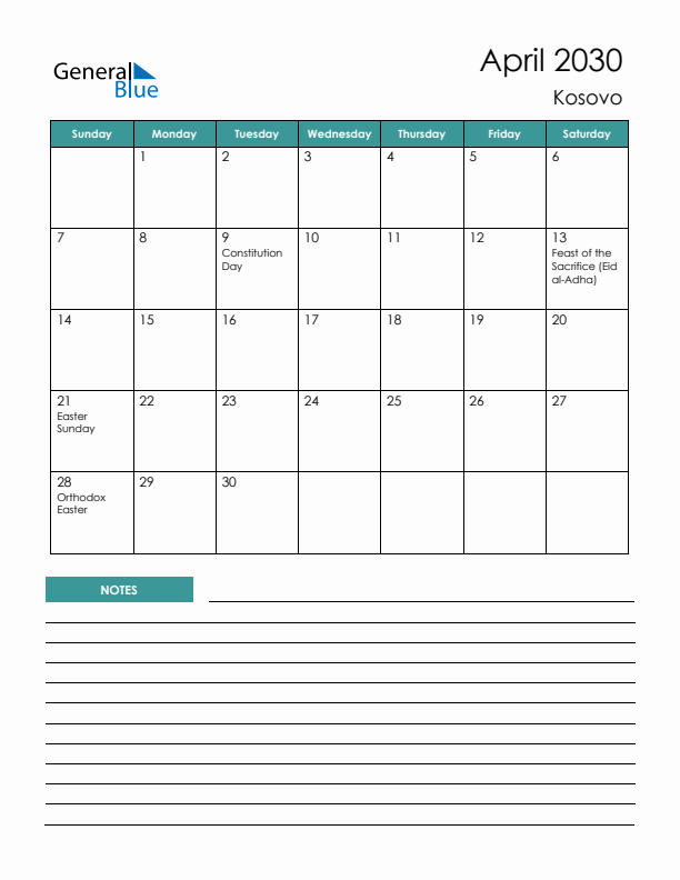 Calendar with Notes Printable - Sunday Start