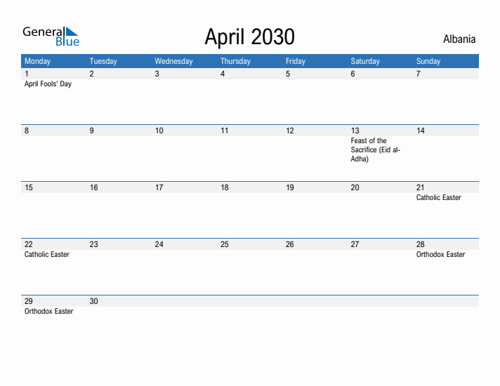 Fillable April 2030 Calendar