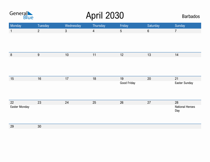 Fillable April 2030 Calendar