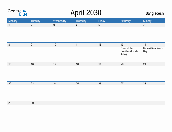 Fillable April 2030 Calendar