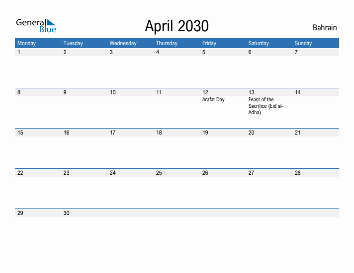 Fillable April 2030 Calendar