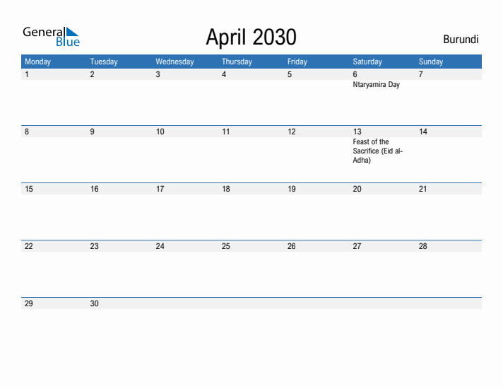 Fillable April 2030 Calendar