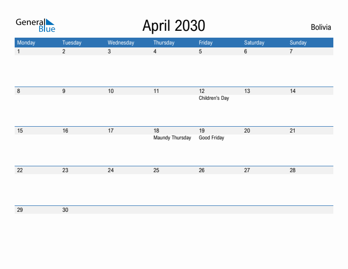 Fillable April 2030 Calendar