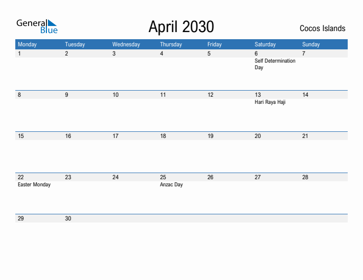 Fillable April 2030 Calendar