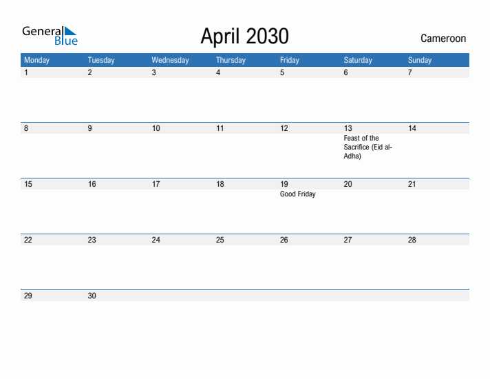 Fillable April 2030 Calendar