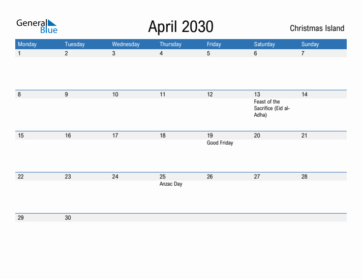 Fillable April 2030 Calendar