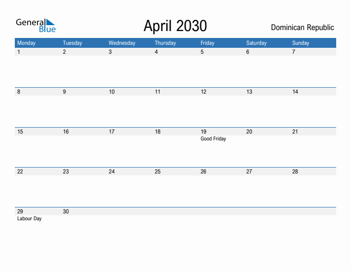 Fillable April 2030 Calendar