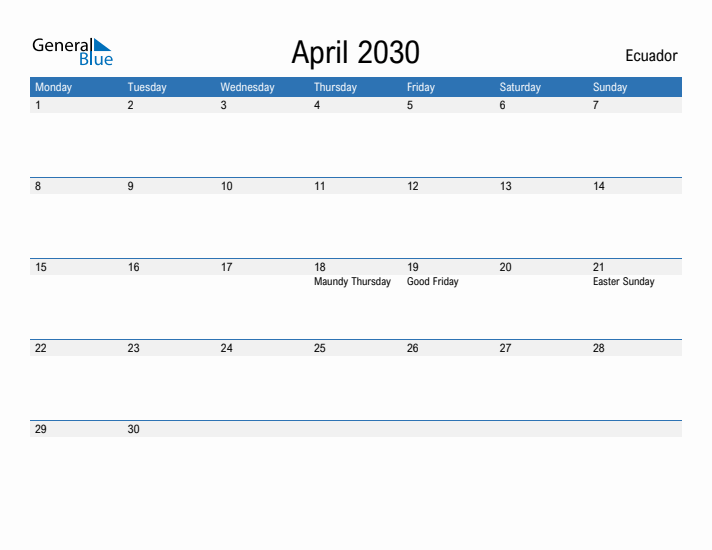 Fillable April 2030 Calendar