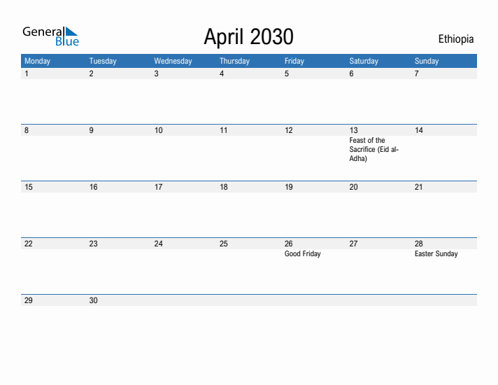 Fillable April 2030 Calendar