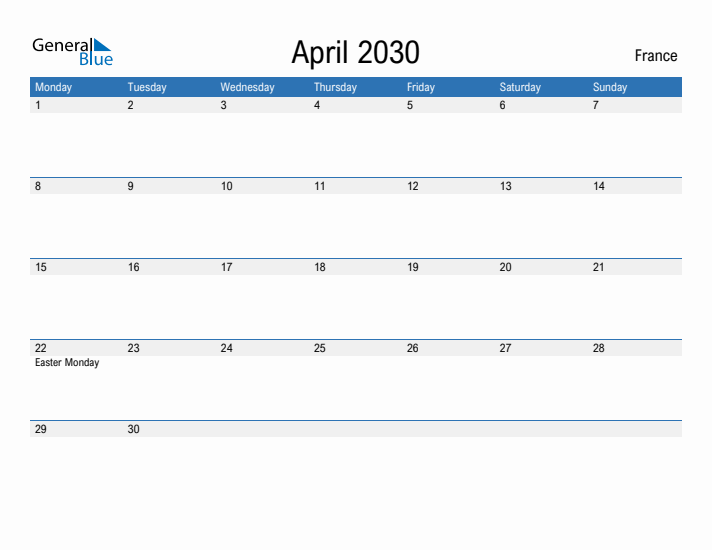 Fillable April 2030 Calendar