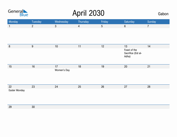 Fillable April 2030 Calendar