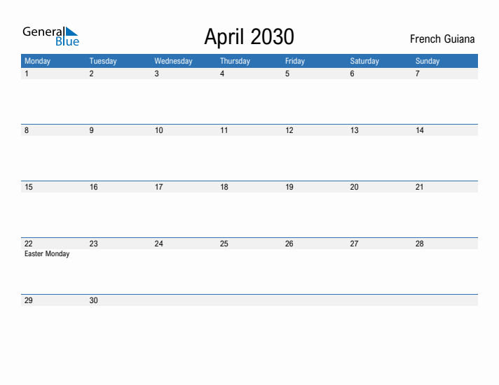 Fillable April 2030 Calendar