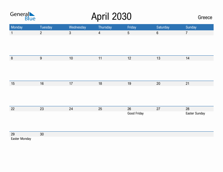 Fillable April 2030 Calendar