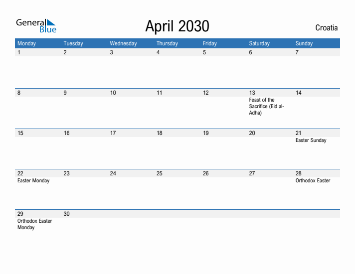 Fillable April 2030 Calendar