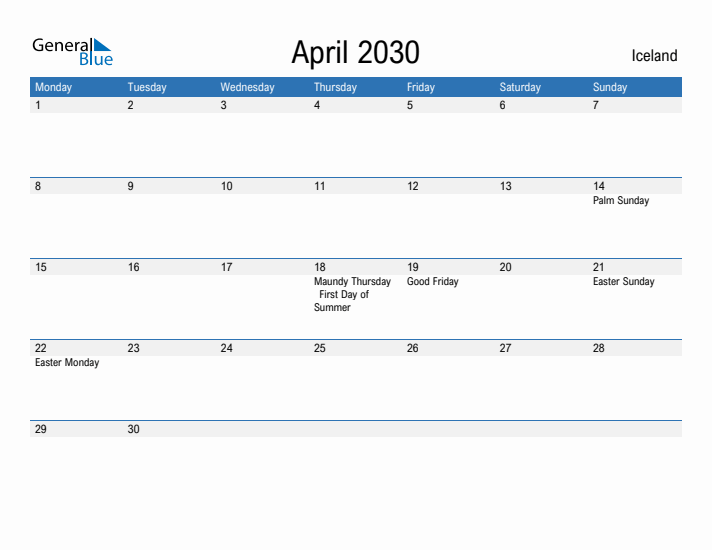 Fillable April 2030 Calendar