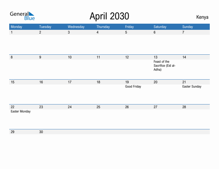 Fillable April 2030 Calendar