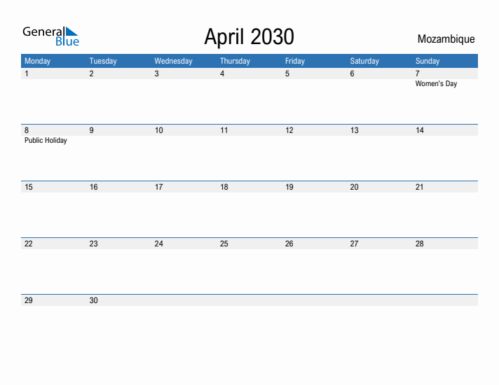 Fillable April 2030 Calendar