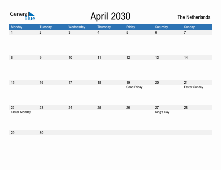 Fillable April 2030 Calendar