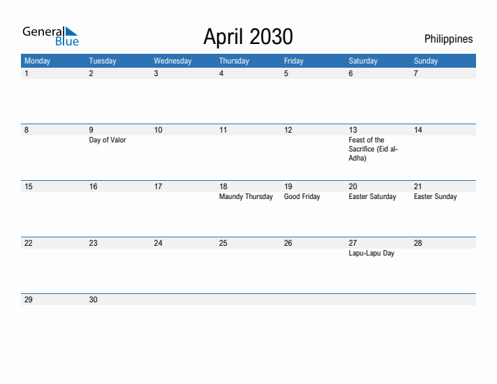 Fillable April 2030 Calendar