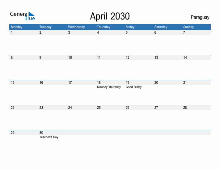 Fillable April 2030 Calendar