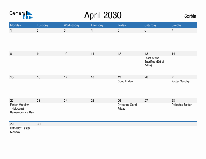 Fillable April 2030 Calendar