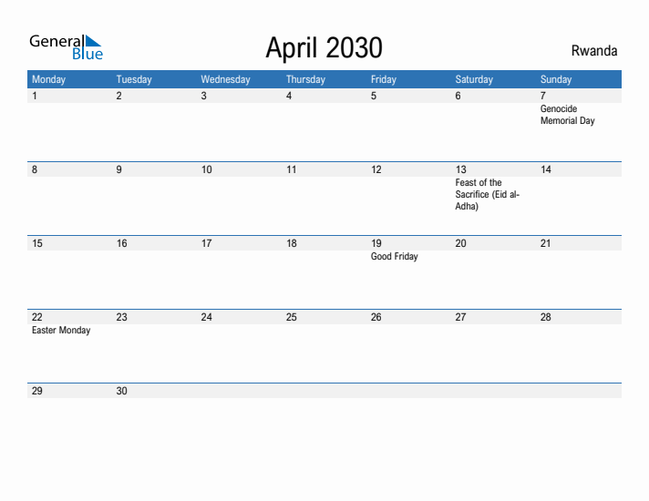 Fillable April 2030 Calendar