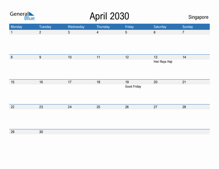 Fillable April 2030 Calendar