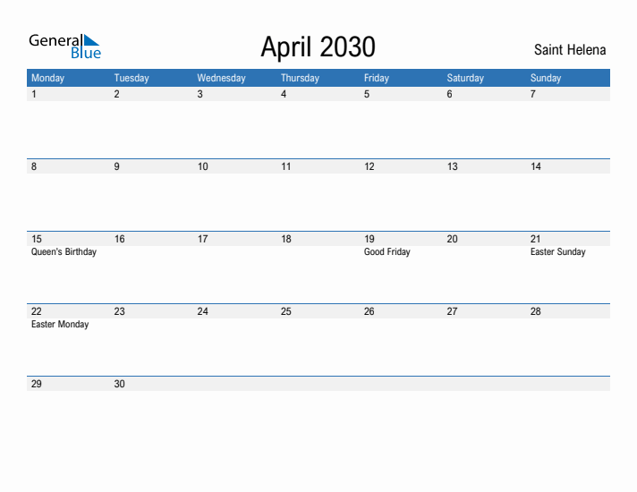 Fillable April 2030 Calendar