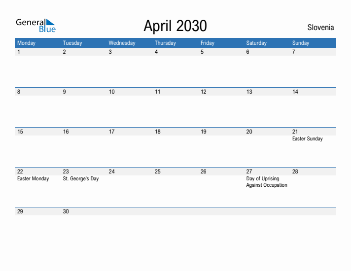 Fillable April 2030 Calendar