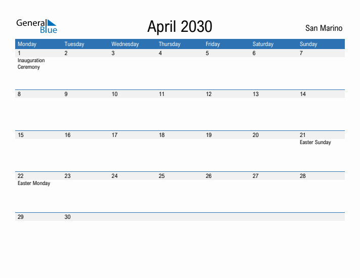 Fillable April 2030 Calendar