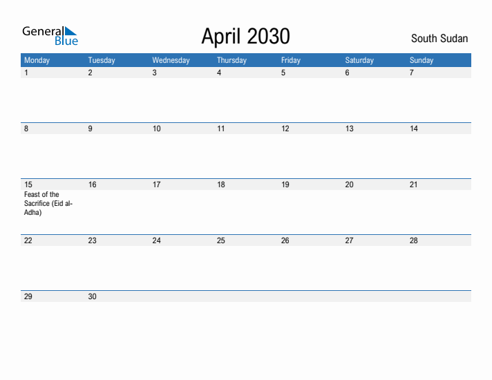 Fillable April 2030 Calendar