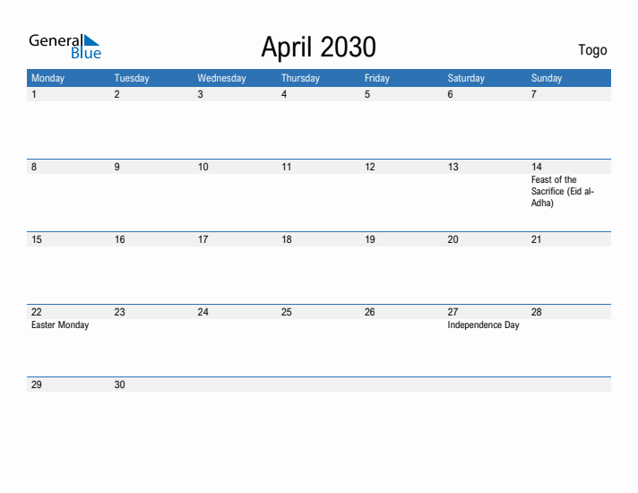 Fillable April 2030 Calendar