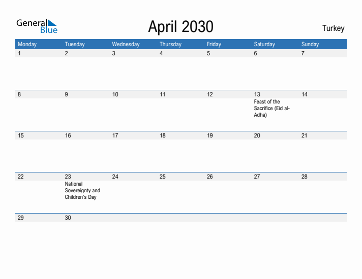 Fillable April 2030 Calendar